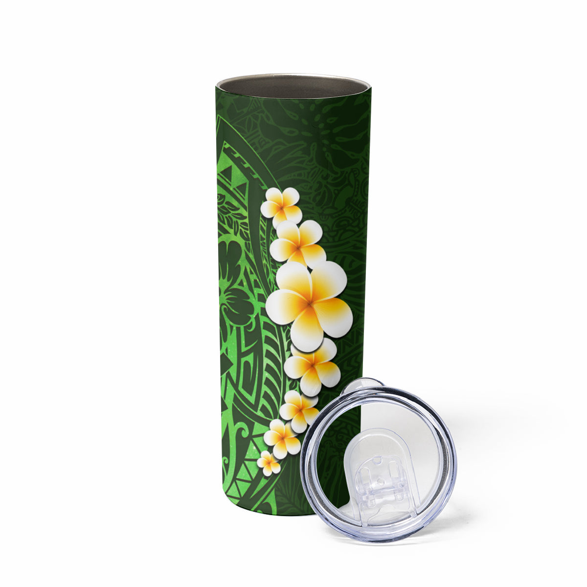 Green Polynesia Skinny Tumbler Plumeria Tropical Leaves With Galaxy Polynesian Art