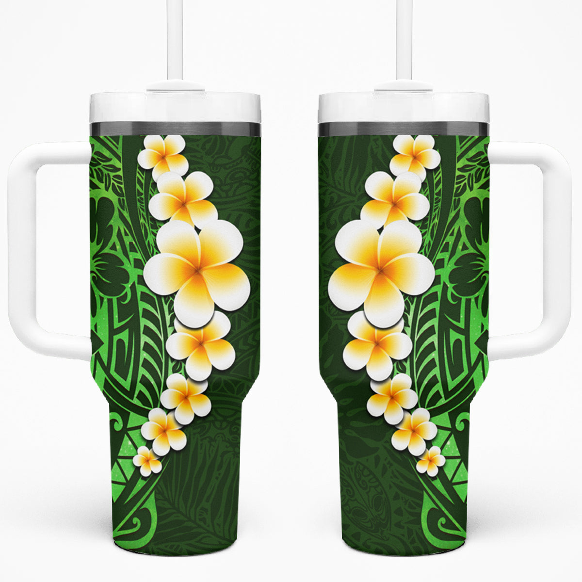 Green Polynesia Tumbler With Handle Plumeria Tropical Leaves With Galaxy Polynesian Art