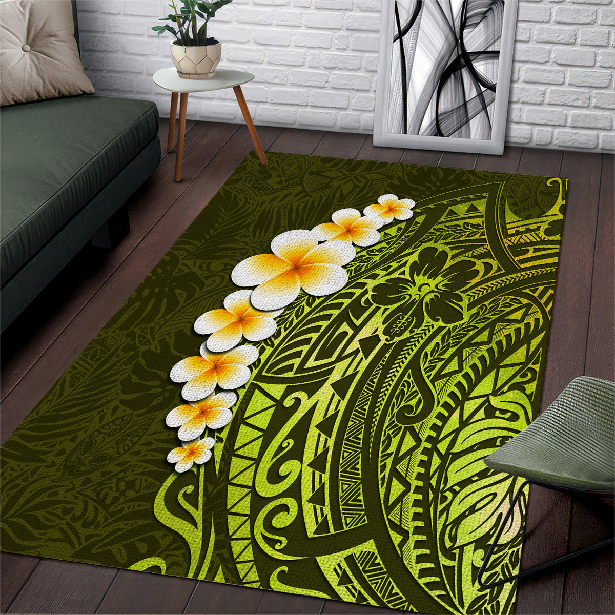 Lime Green Tropical Plumeria With Galaxy Polynesian Art Area Rug LT14 Lime Green - Polynesian Pride