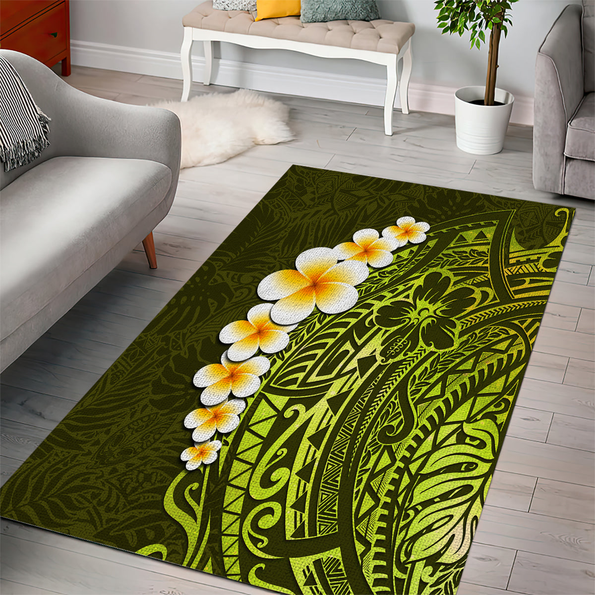 Lime Green Tropical Plumeria With Galaxy Polynesian Art Area Rug LT14 - Polynesian Pride