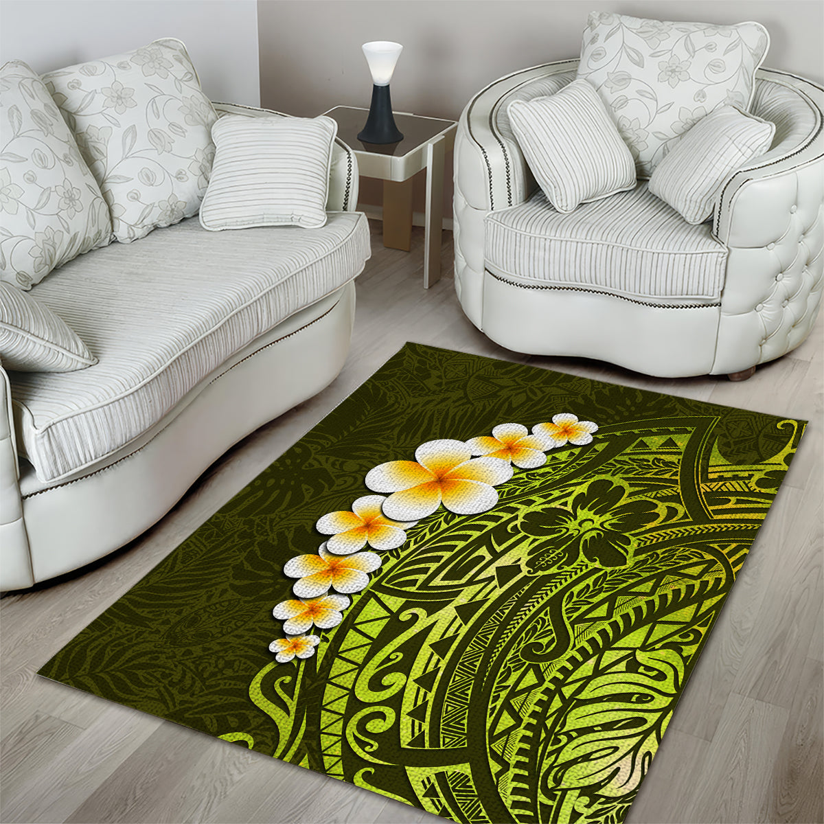 Lime Green Tropical Plumeria With Galaxy Polynesian Art Area Rug LT14 - Polynesian Pride