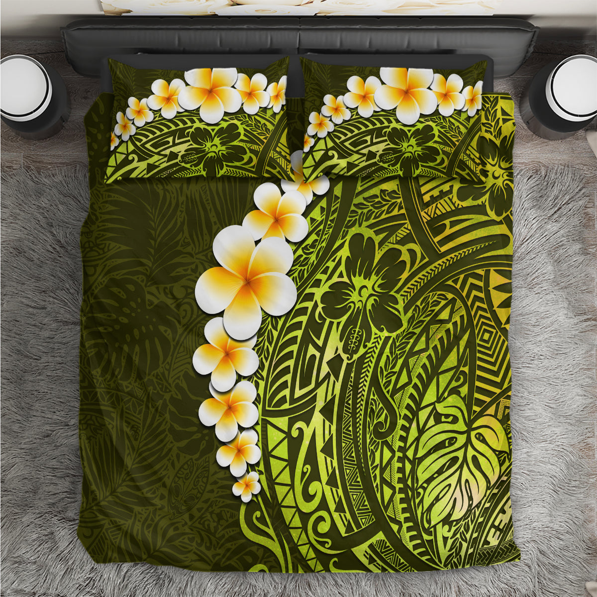 Lime Green Tropical Plumeria With Galaxy Polynesian Art Bedding Set LT14 Lime Green - Polynesian Pride