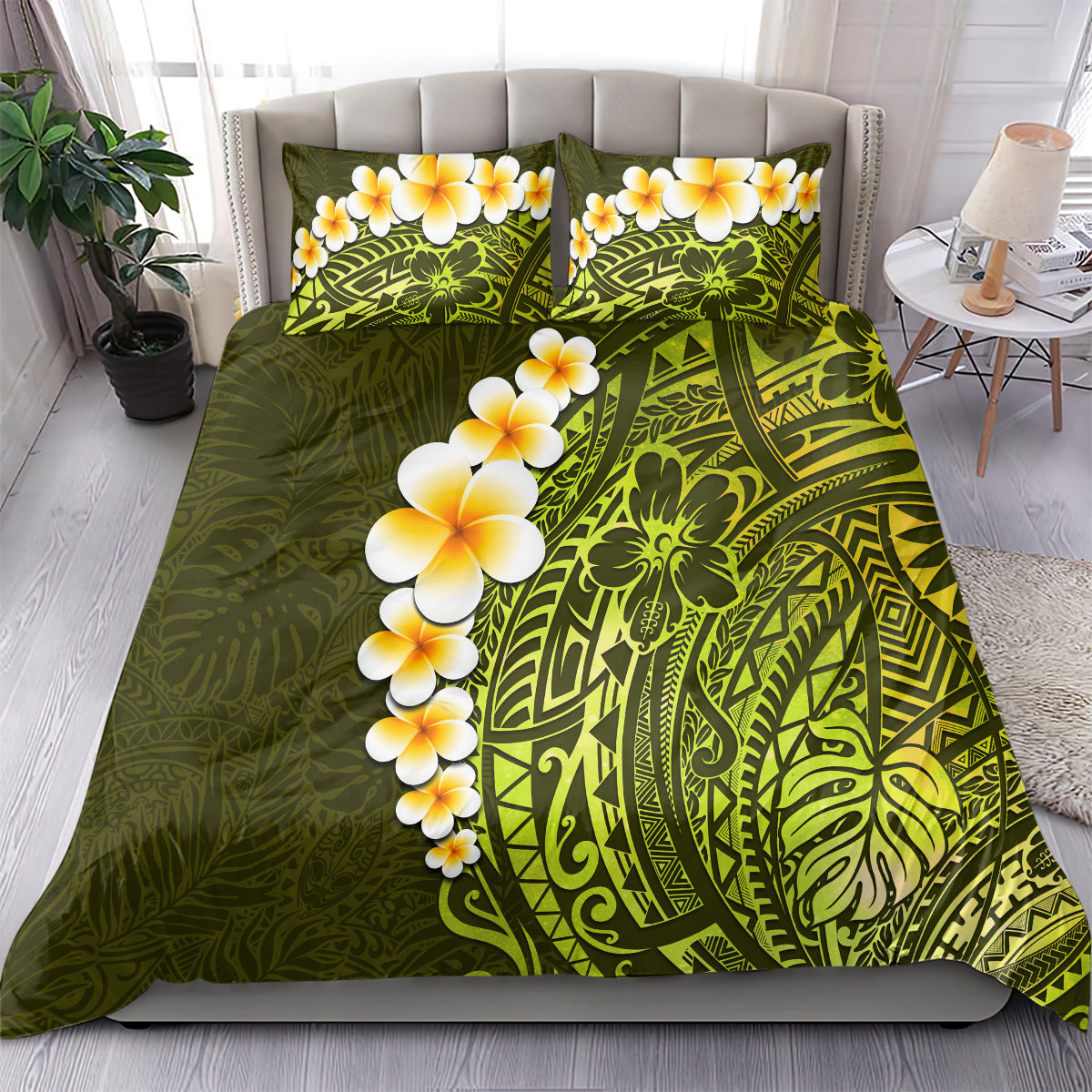 Lime Green Tropical Plumeria With Galaxy Polynesian Art Bedding Set LT14 - Polynesian Pride
