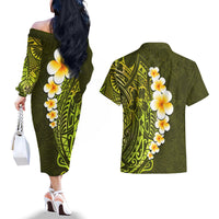 Lime Green Tropical Plumeria With Galaxy Polynesian Art Couples Matching Off The Shoulder Long Sleeve Dress and Hawaiian Shirt LT14 - Polynesian Pride