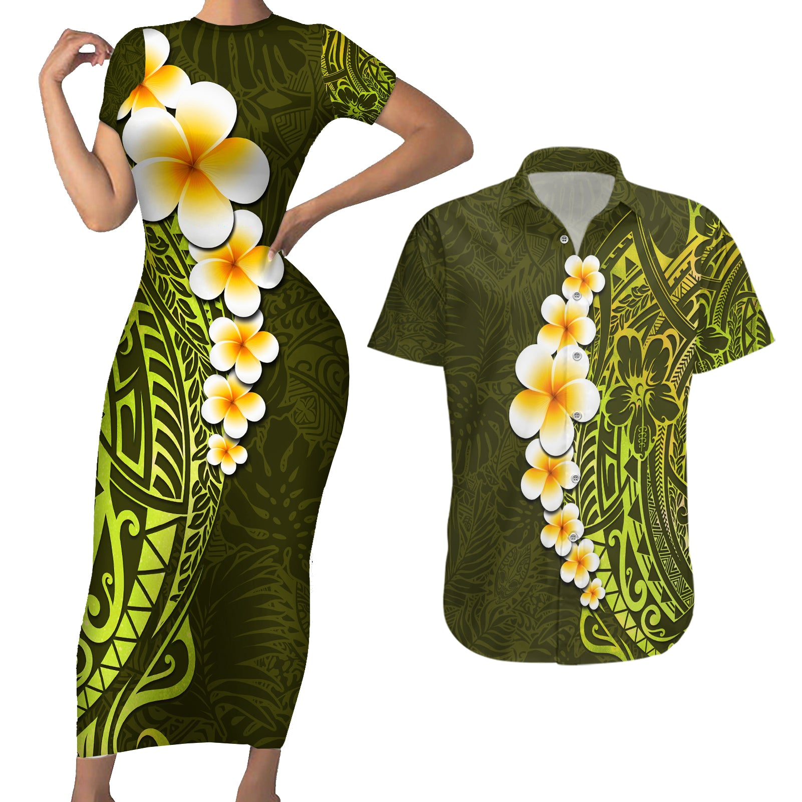 Lime Green Tropical Plumeria With Galaxy Polynesian Art Couples Matching Short Sleeve Bodycon Dress and Hawaiian Shirt LT14 Lime Green - Polynesian Pride