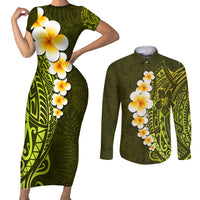 Lime Green Tropical Plumeria With Galaxy Polynesian Art Couples Matching Short Sleeve Bodycon Dress and Long Sleeve Button Shirt LT14 Lime Green - Polynesian Pride