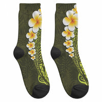 Lime Green Tropical Plumeria With Galaxy Polynesian Art Crew Socks LT14 - Polynesian Pride