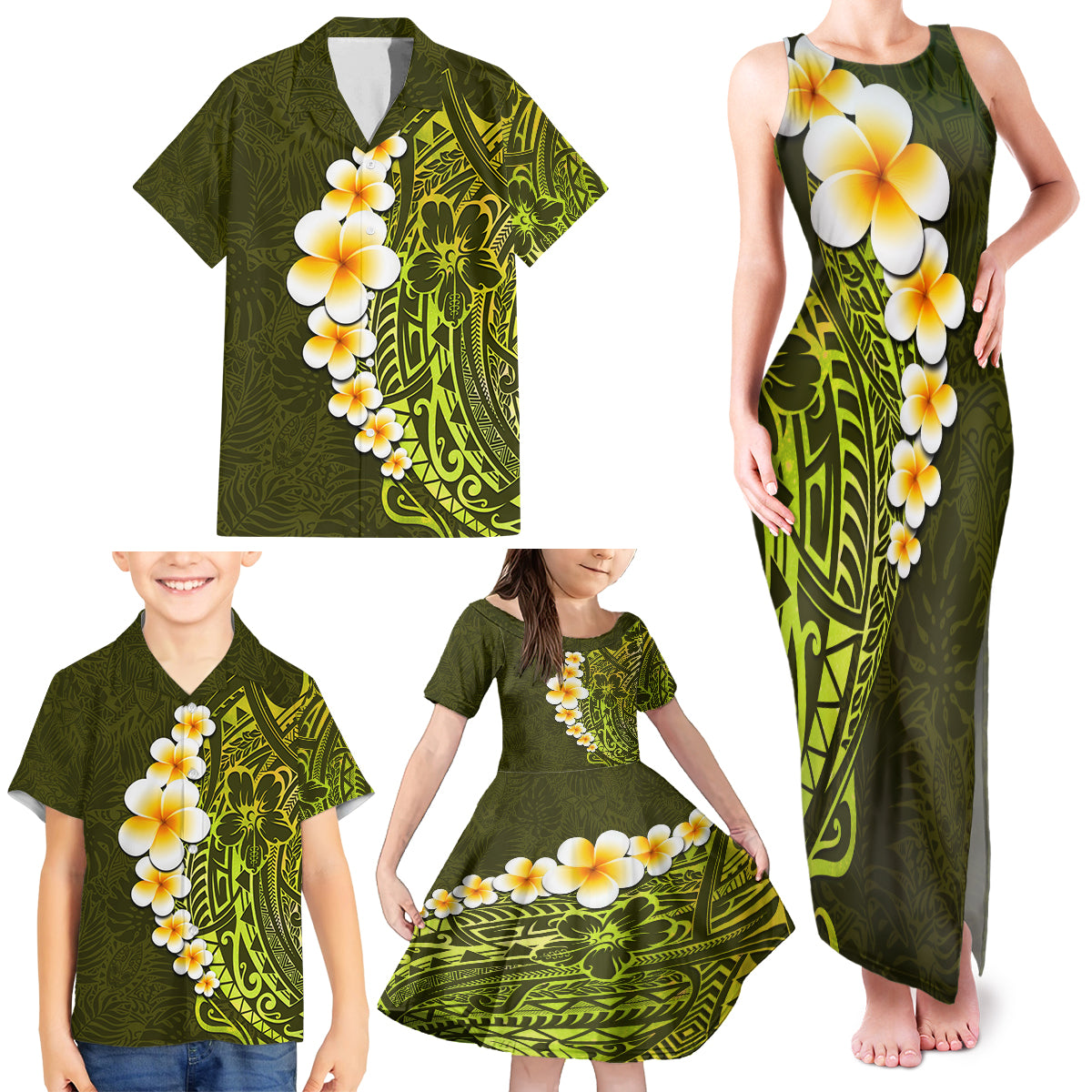 Lime Green Tropical Plumeria With Galaxy Polynesian Art Family Matching Tank Maxi Dress and Hawaiian Shirt LT14 - Polynesian Pride