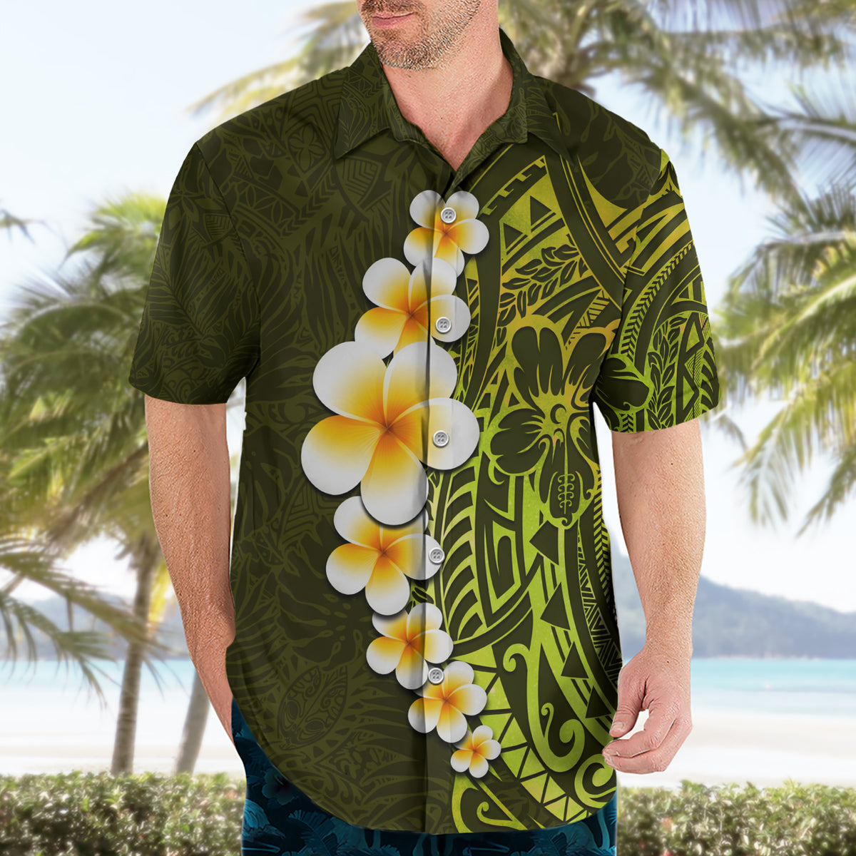 Lime Green Tropical Plumeria With Galaxy Polynesian Art Hawaiian Shirt LT14 - Polynesian Pride