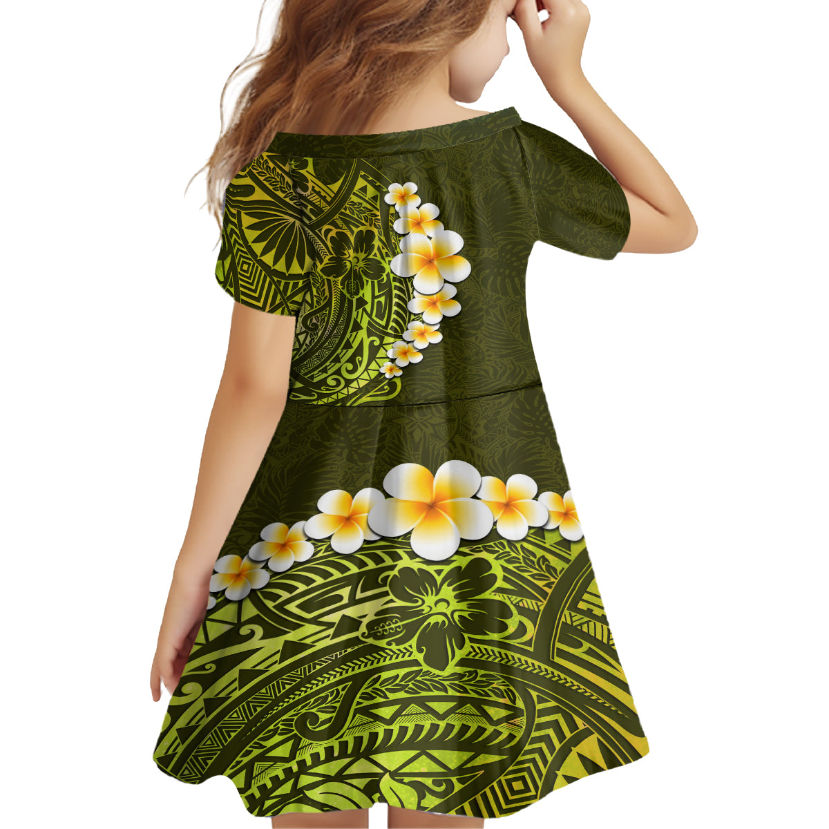 Lime Green Tropical Plumeria With Galaxy Polynesian Art Kid Short Sleeve Dress LT14 - Polynesian Pride