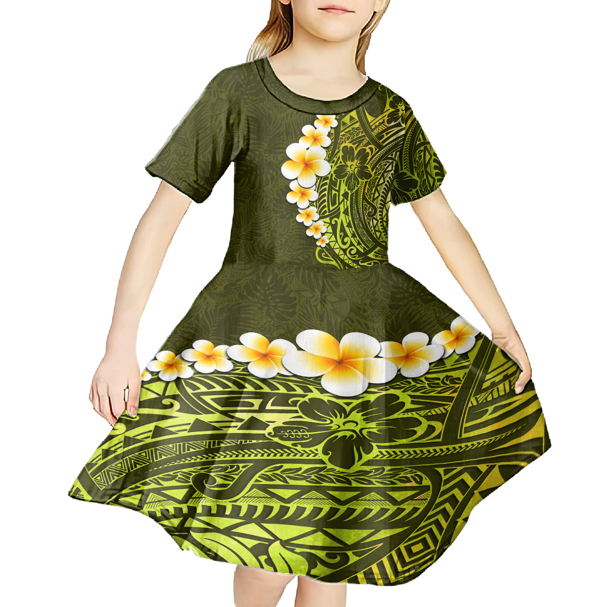 Lime Green Tropical Plumeria With Galaxy Polynesian Art Kid Short Sleeve Dress LT14 - Polynesian Pride