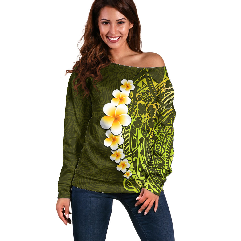 Lime Green Tropical Plumeria With Galaxy Polynesian Art Off Shoulder Sweater LT14 Women Lime Green - Polynesian Pride