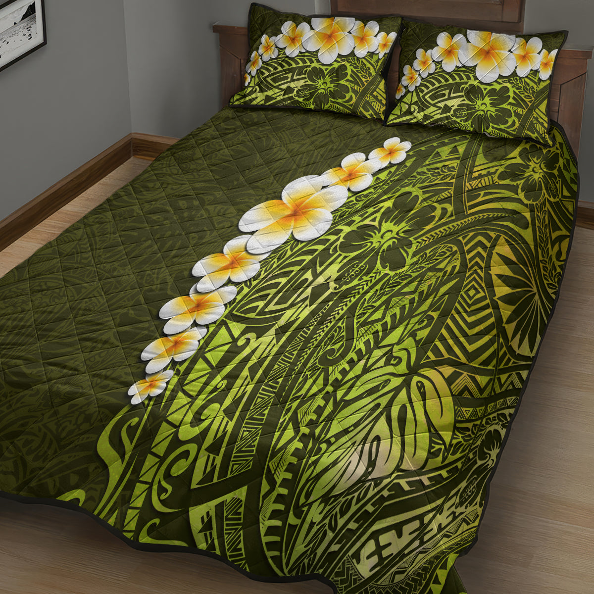 Lime Green Tropical Plumeria With Galaxy Polynesian Art Quilt Bed Set LT14 - Polynesian Pride