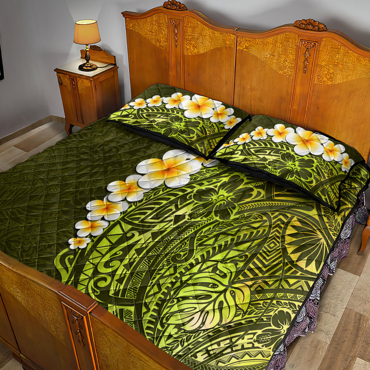 Lime Green Tropical Plumeria With Galaxy Polynesian Art Quilt Bed Set LT14 - Polynesian Pride
