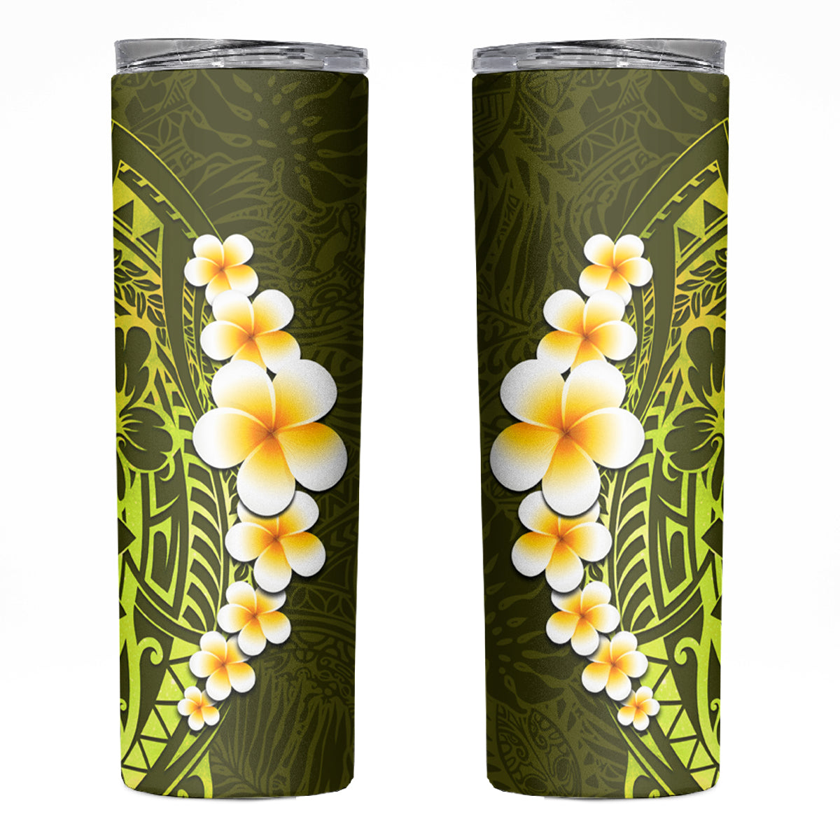 Lime Green Tropical Plumeria With Galaxy Polynesian Art Skinny Tumbler