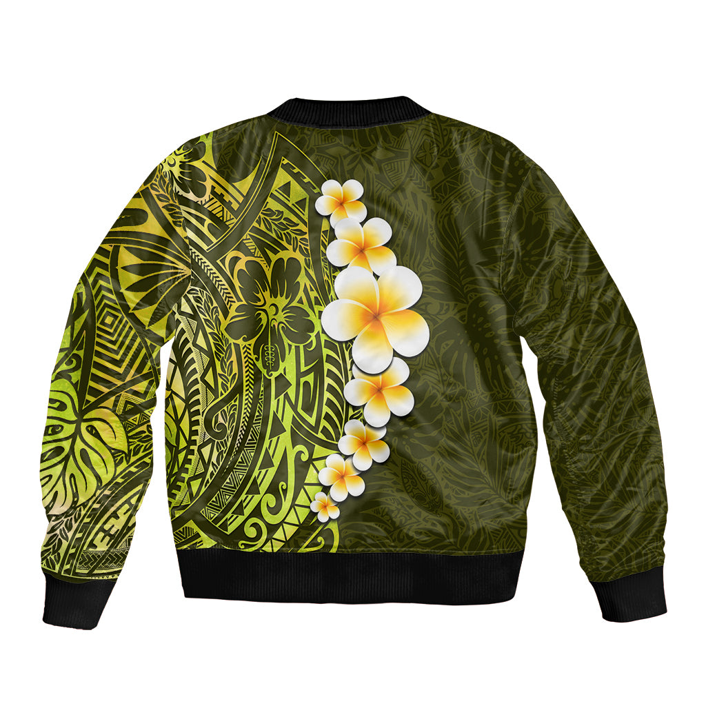 Lime Green Tropical Plumeria With Galaxy Polynesian Art Sleeve Zip Bomber Jacket LT14 - Polynesian Pride