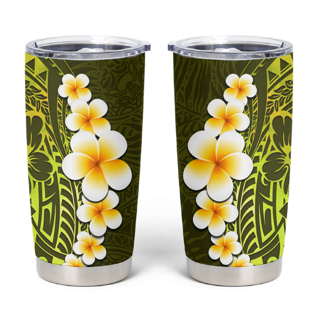 Lime Green Tropical Plumeria With Galaxy Polynesian Art Tumbler Cup