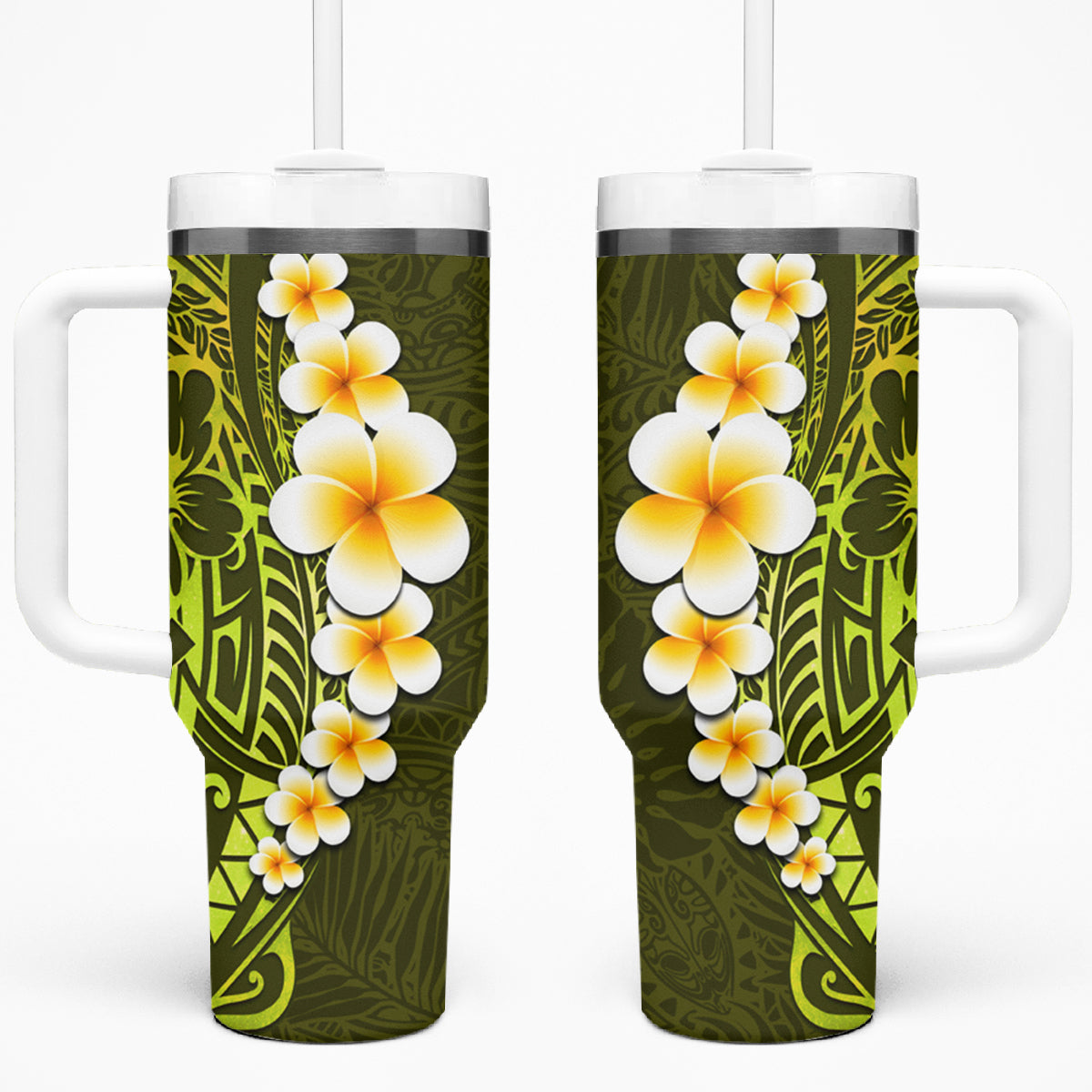 Lime Green Tropical Plumeria With Galaxy Polynesian Art Tumbler With Handle