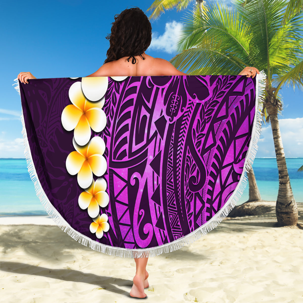 Purple Tropical Plumeria With Galaxy Polynesian Art Beach Blanket LT14 - Polynesian Pride