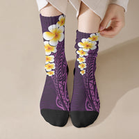 Purple Tropical Plumeria With Galaxy Polynesian Art Crew Socks LT14 Crew Socks Purple - Polynesian Pride