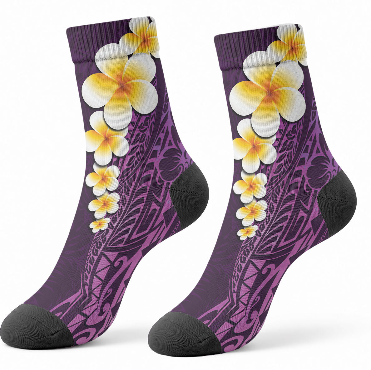 Purple Tropical Plumeria With Galaxy Polynesian Art Crew Socks LT14 - Polynesian Pride