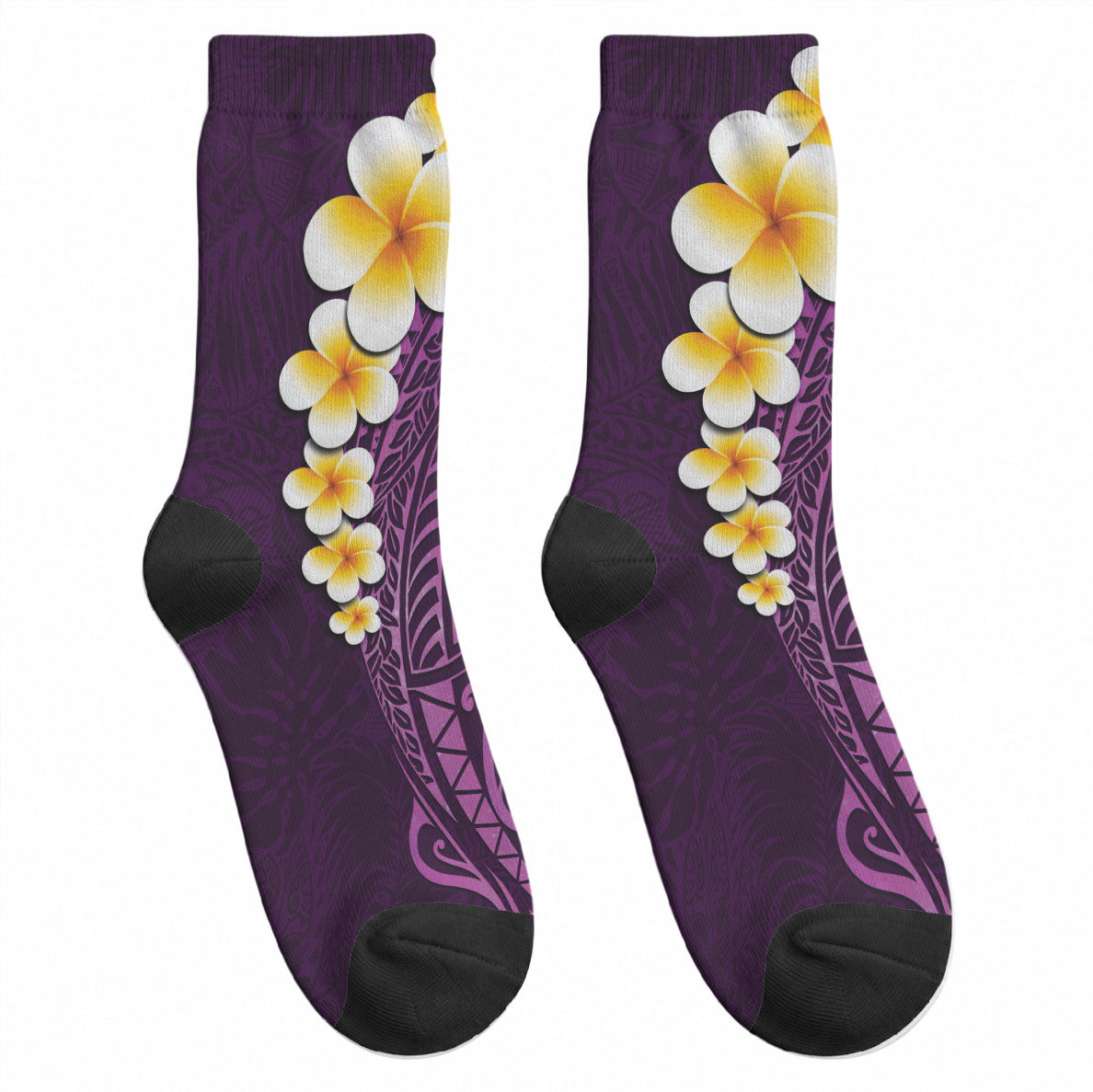Purple Tropical Plumeria With Galaxy Polynesian Art Crew Socks LT14 - Polynesian Pride