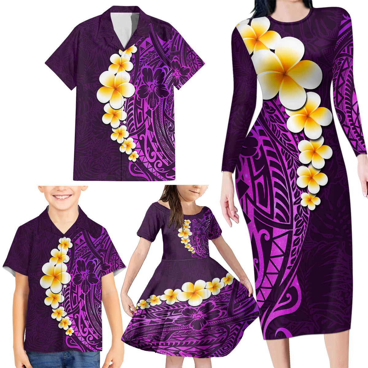 Purple Tropical Plumeria With Galaxy Polynesian Art Family Matching Long Sleeve Bodycon Dress and Hawaiian Shirt LT14 - Polynesian Pride
