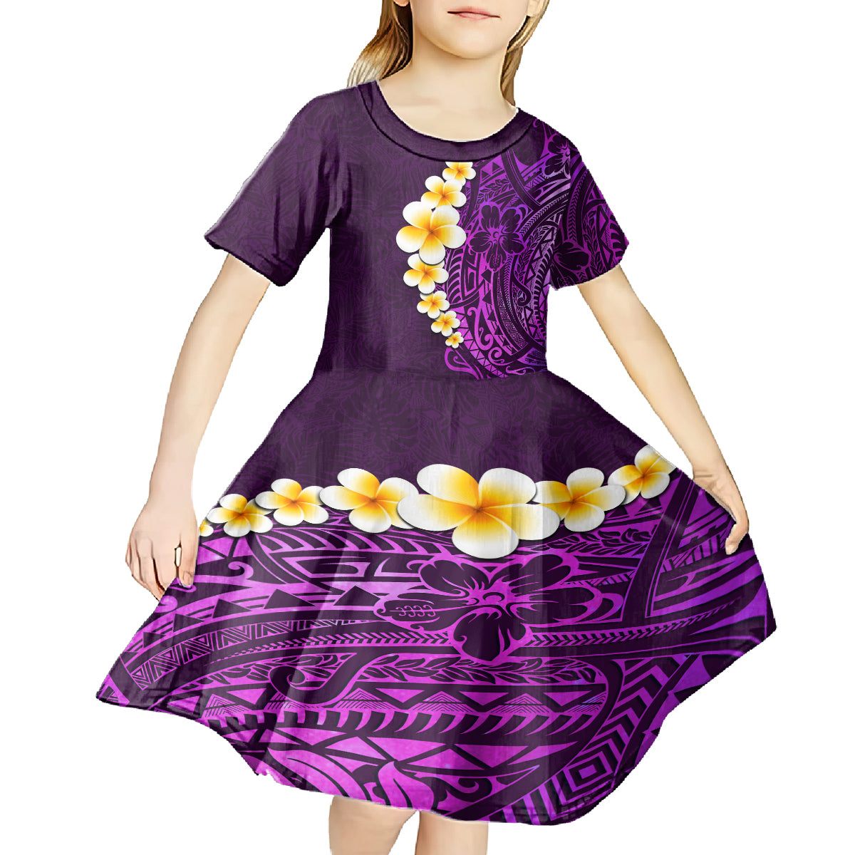Purple Tropical Plumeria With Galaxy Polynesian Art Kid Short Sleeve Dress LT14 - Polynesian Pride