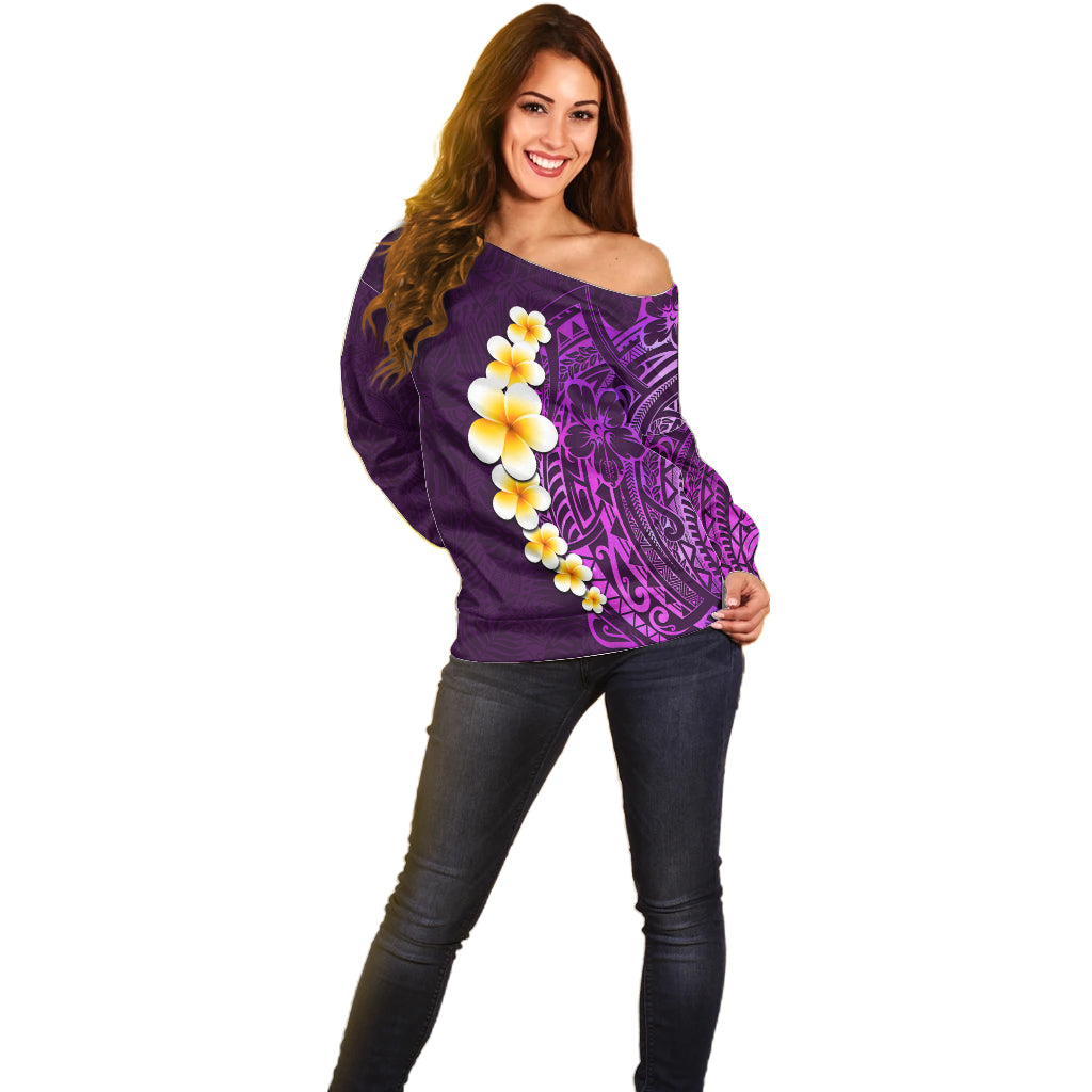 Purple Tropical Plumeria With Galaxy Polynesian Art Off Shoulder Sweater LT14 - Polynesian Pride