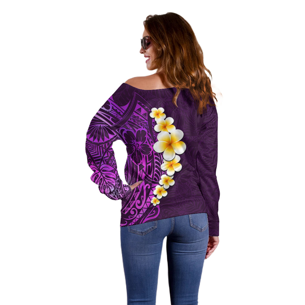 Purple Tropical Plumeria With Galaxy Polynesian Art Off Shoulder Sweater LT14 - Polynesian Pride