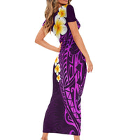 Purple Tropical Plumeria With Galaxy Polynesian Art Short Sleeve Bodycon Dress LT14 - Polynesian Pride
