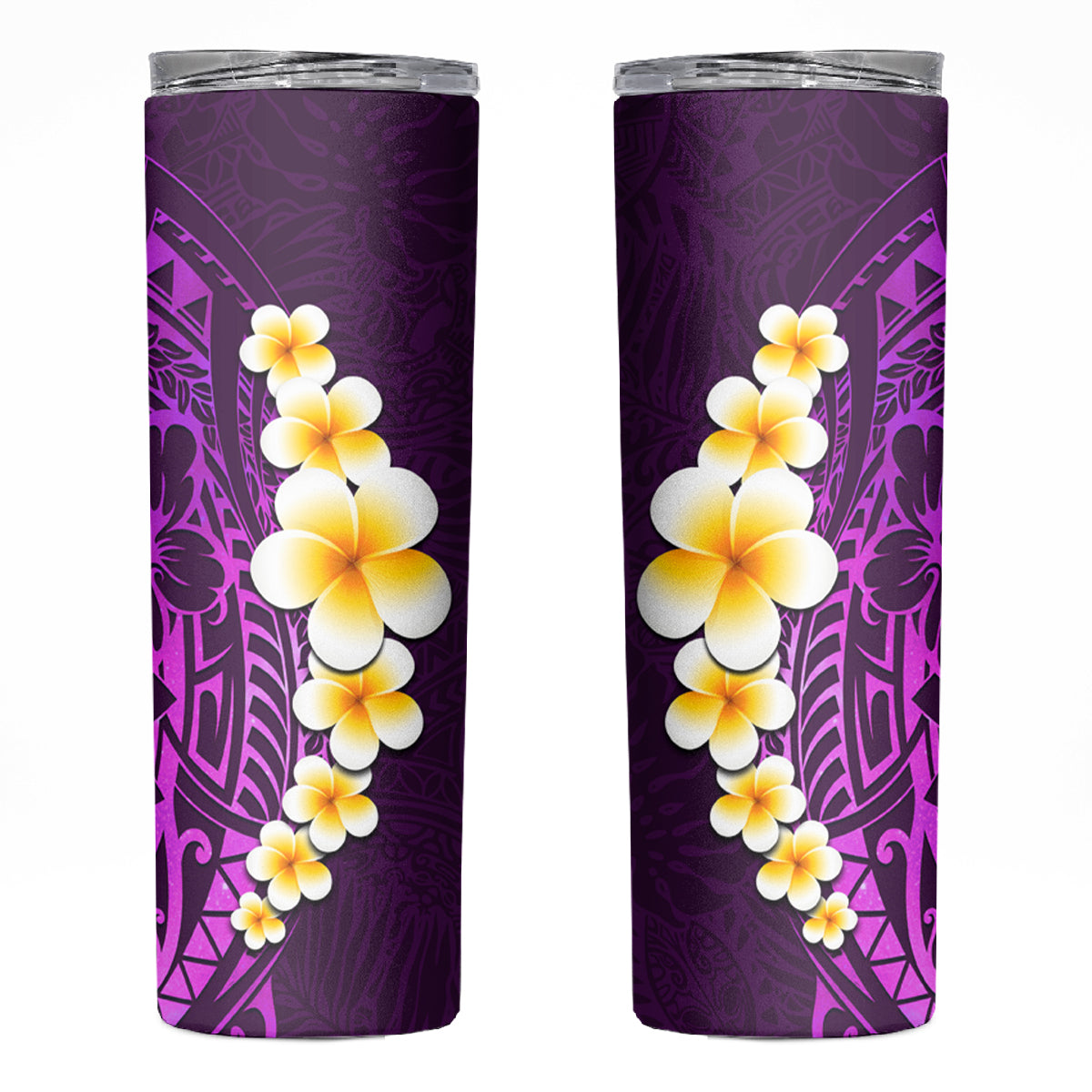 Purple Tropical Plumeria With Galaxy Polynesian Art Skinny Tumbler