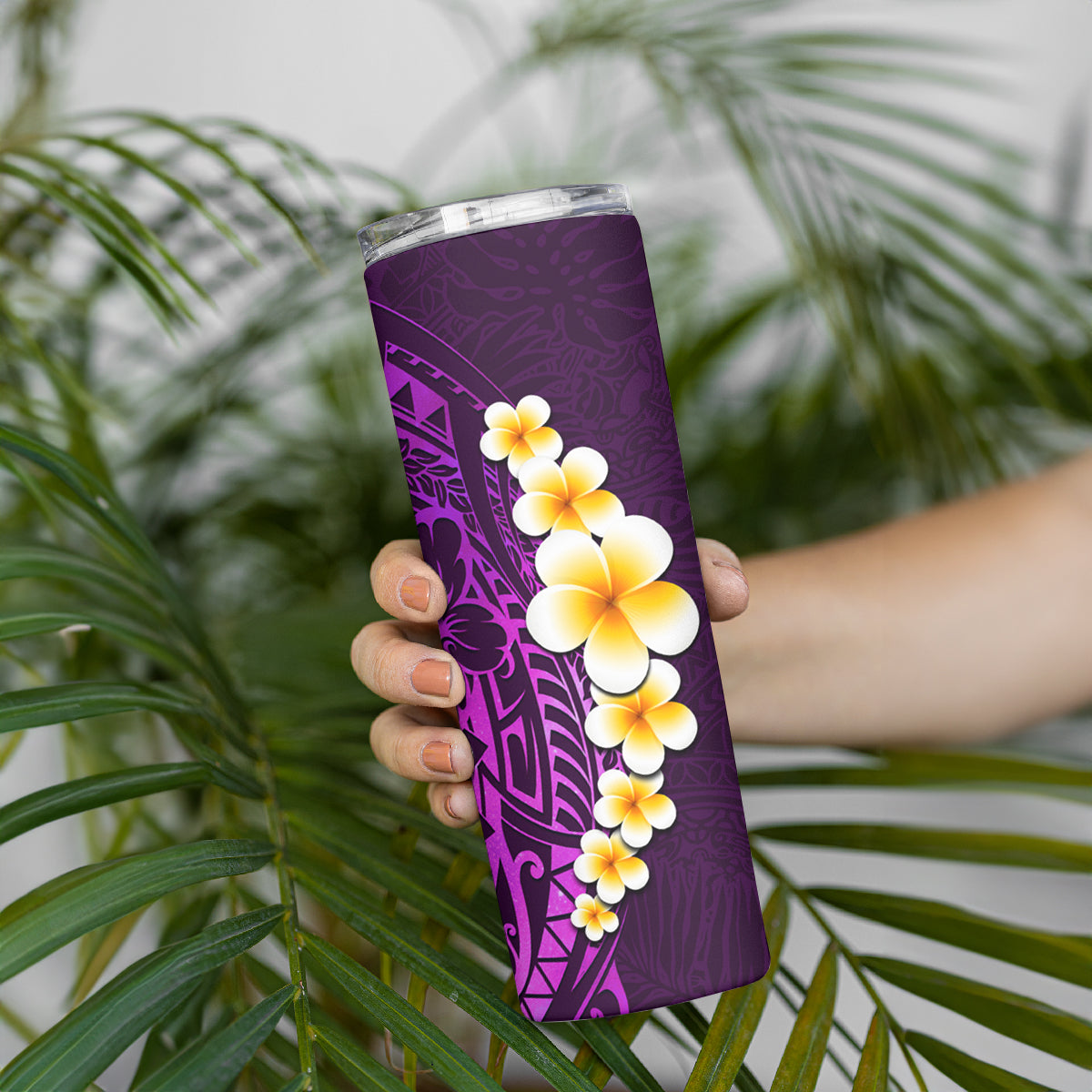 Purple Tropical Plumeria With Galaxy Polynesian Art Skinny Tumbler
