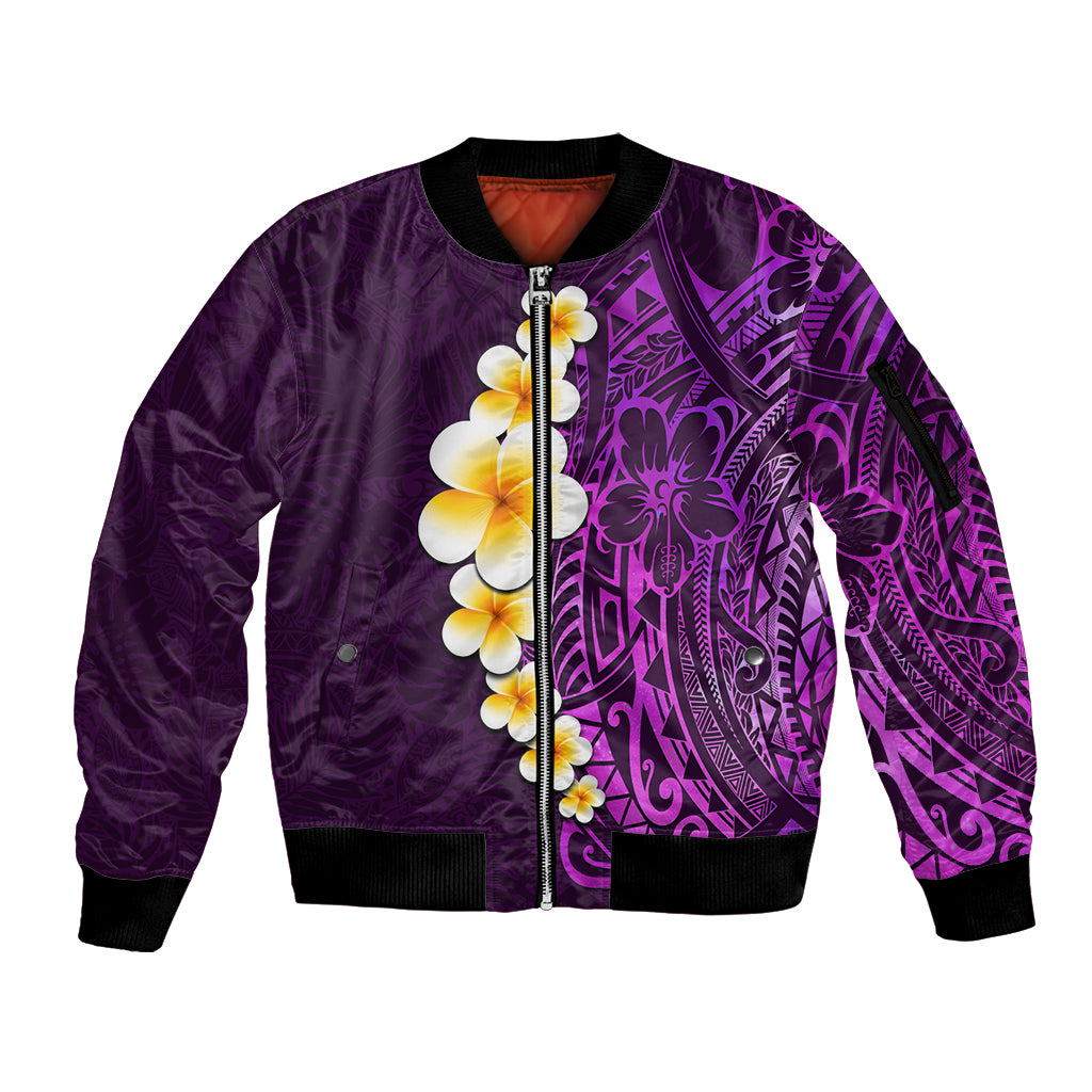 Purple Tropical Plumeria With Galaxy Polynesian Art Sleeve Zip Bomber Jacket LT14 Unisex Purple - Polynesian Pride