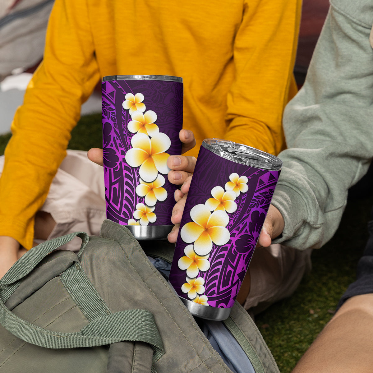 Purple Tropical Plumeria With Galaxy Polynesian Art Tumbler Cup