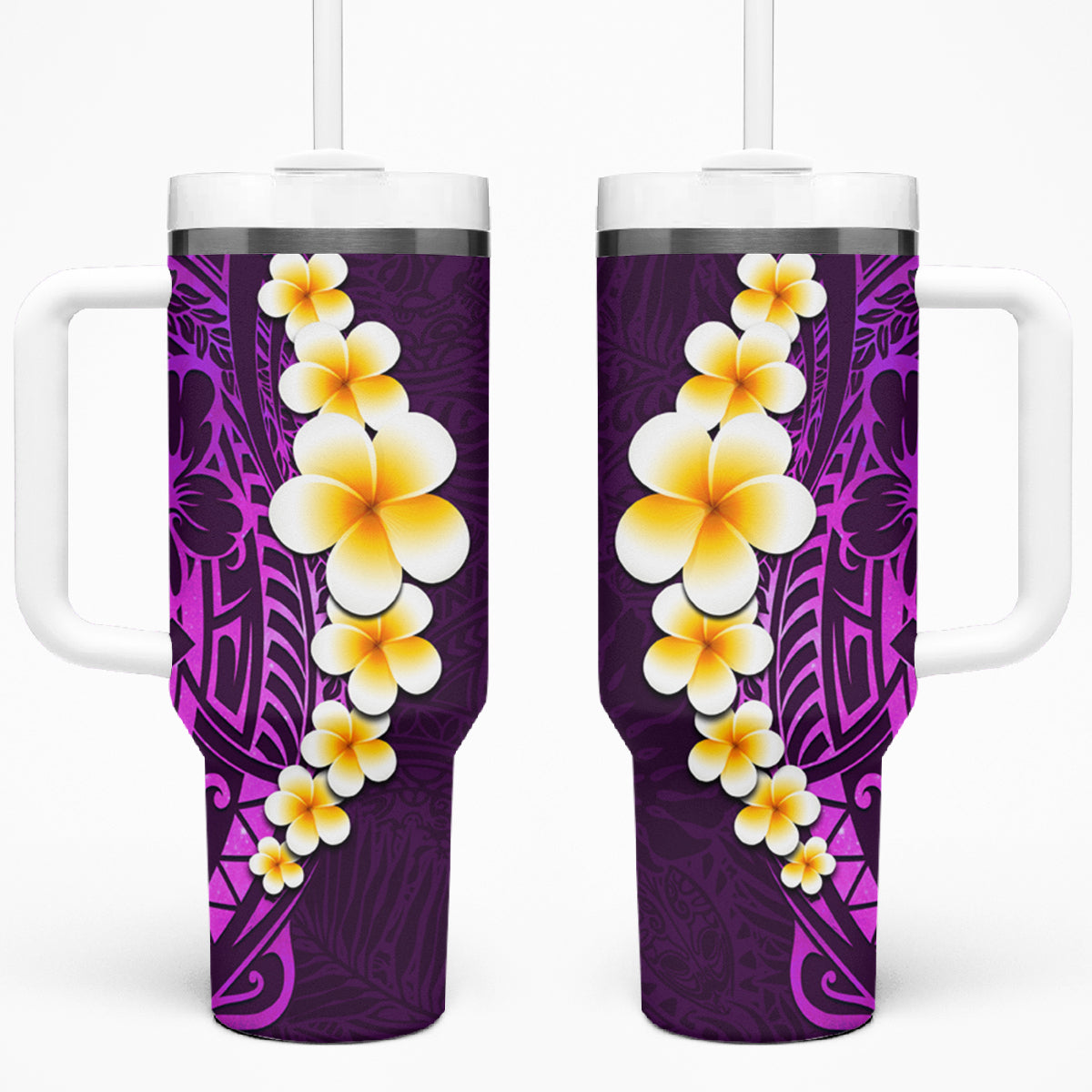 Purple Tropical Plumeria With Galaxy Polynesian Art Tumbler With Handle