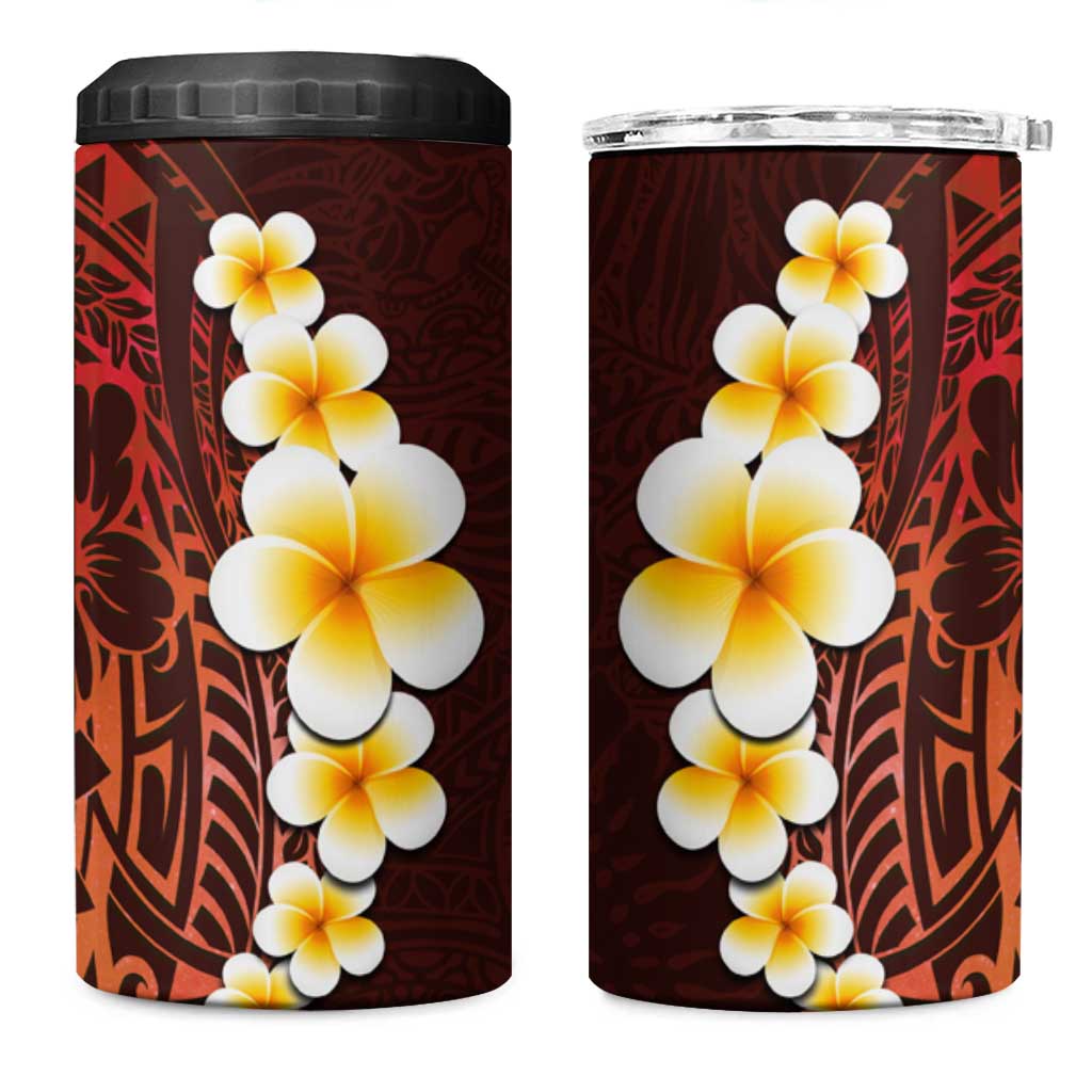 Red Tropical Plumeria With Galaxy Polynesian Art 4 in 1 Can Cooler Tumbler