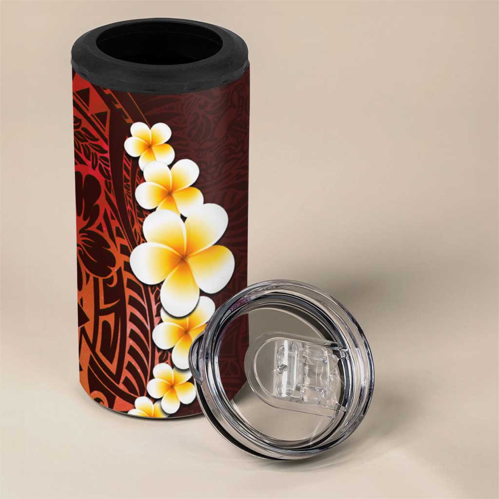 Red Tropical Plumeria With Galaxy Polynesian Art 4 in 1 Can Cooler Tumbler