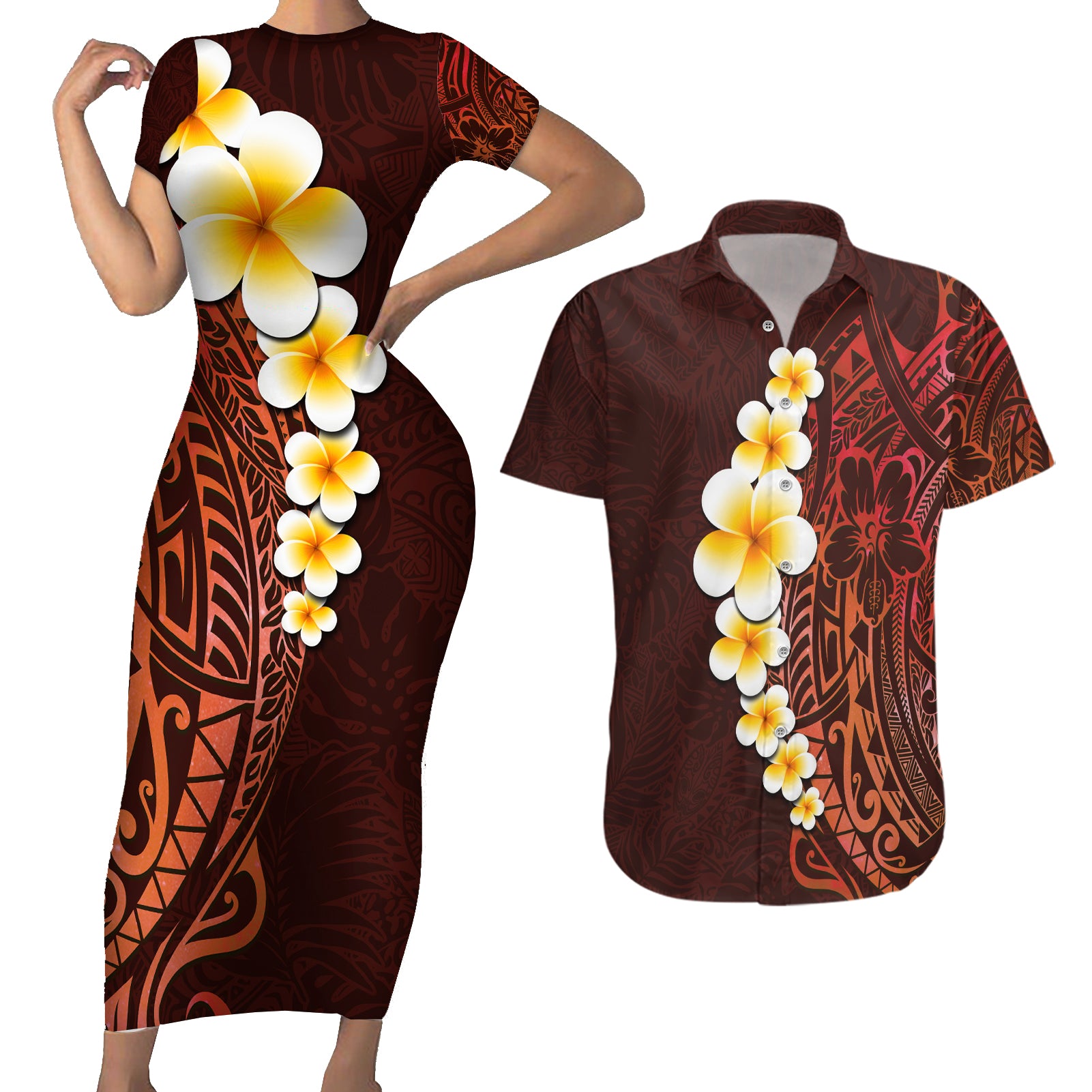 Red Tropical Plumeria With Galaxy Polynesian Art Couples Matching Short Sleeve Bodycon Dress and Hawaiian Shirt LT14 Red - Polynesian Pride