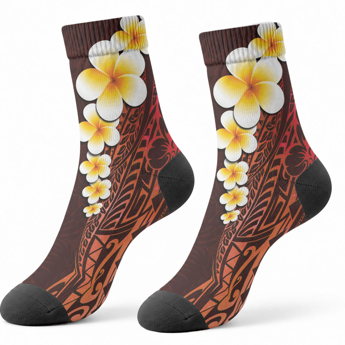Red Tropical Plumeria With Galaxy Polynesian Art Crew Socks LT14 - Polynesian Pride