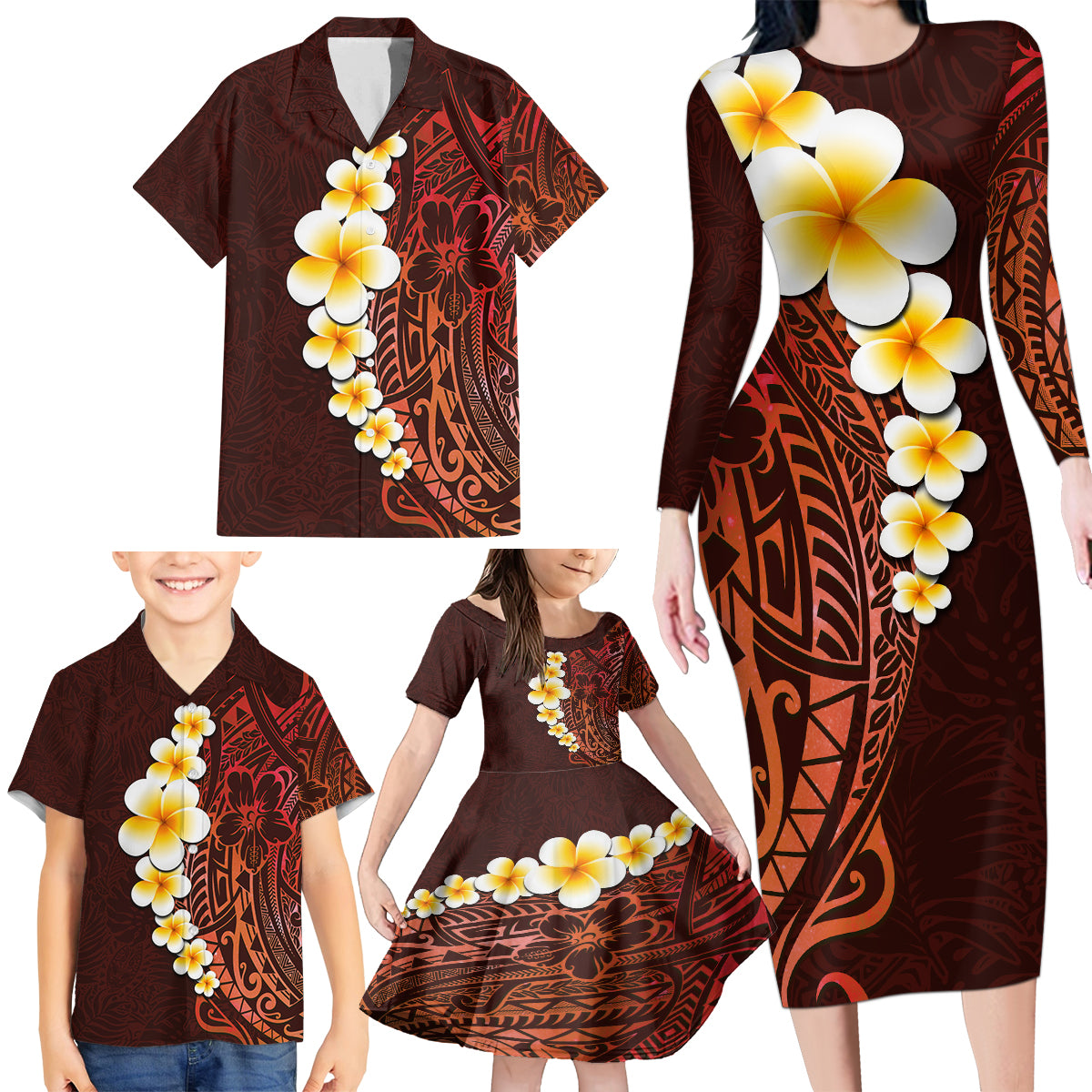 Red Tropical Plumeria With Galaxy Polynesian Art Family Matching Long Sleeve Bodycon Dress and Hawaiian Shirt LT14 - Polynesian Pride