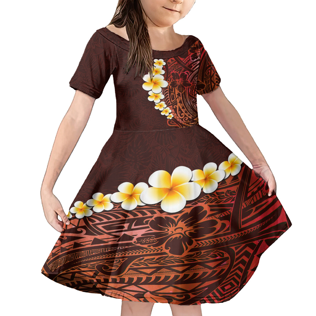 Red Tropical Plumeria With Galaxy Polynesian Art Family Matching Tank Maxi Dress and Hawaiian Shirt LT14 Daughter's Dress Red - Polynesian Pride