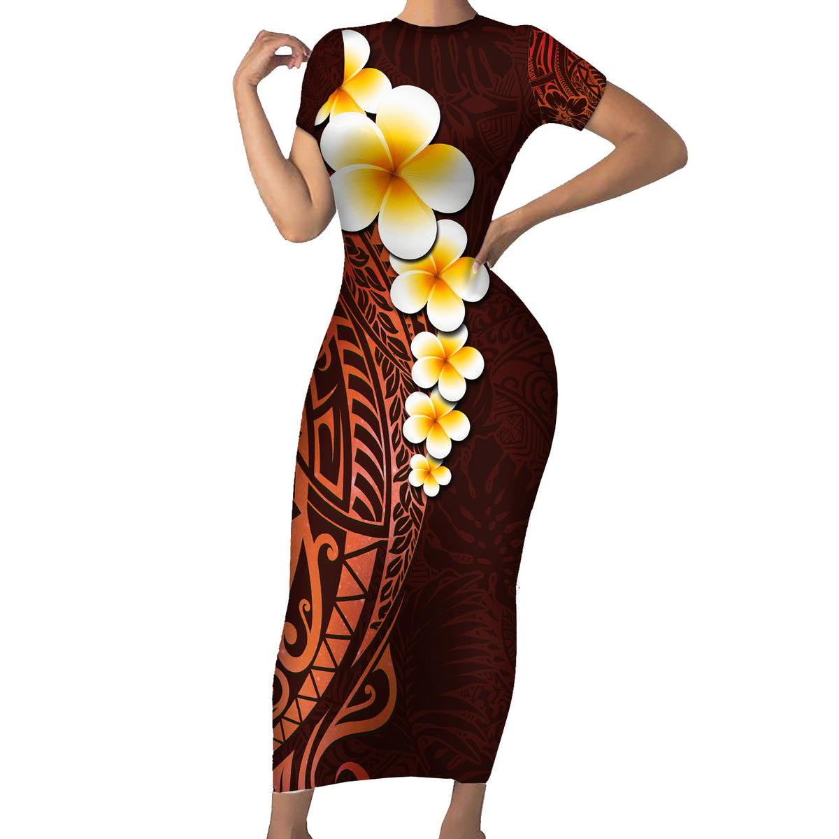 Red Tropical Plumeria With Galaxy Polynesian Art Short Sleeve Bodycon Dress LT14 Long Dress Red - Polynesian Pride