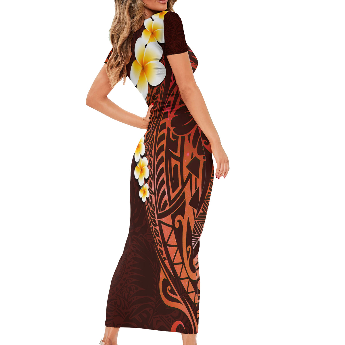 Red Tropical Plumeria With Galaxy Polynesian Art Short Sleeve Bodycon Dress LT14 - Polynesian Pride