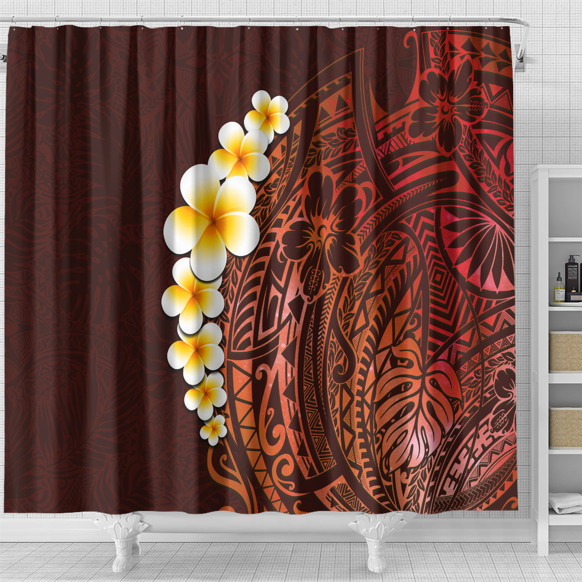 Red Tropical Plumeria With Galaxy Polynesian Art Shower Curtain LT14 - Polynesian Pride