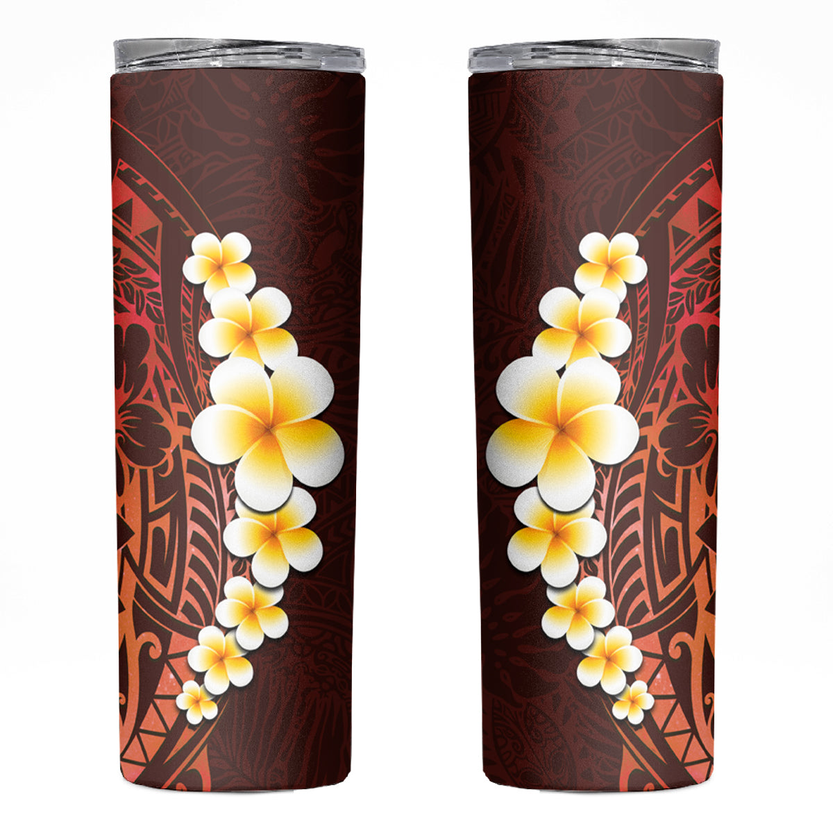 Red Tropical Plumeria With Galaxy Polynesian Art Skinny Tumbler