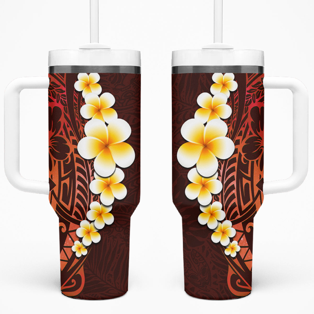 Red Tropical Plumeria With Galaxy Polynesian Art Tumbler With Handle