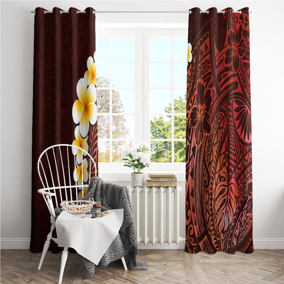 Red Tropical Plumeria With Galaxy Polynesian Art Window Curtain LT14 - Polynesian Pride