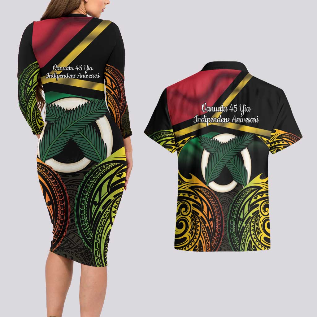 Vanuatu 1980 Couples Matching Long Sleeve Bodycon Dress and Hawaiian Shirt Hapi 45 Yia Indipendens Anivesari
