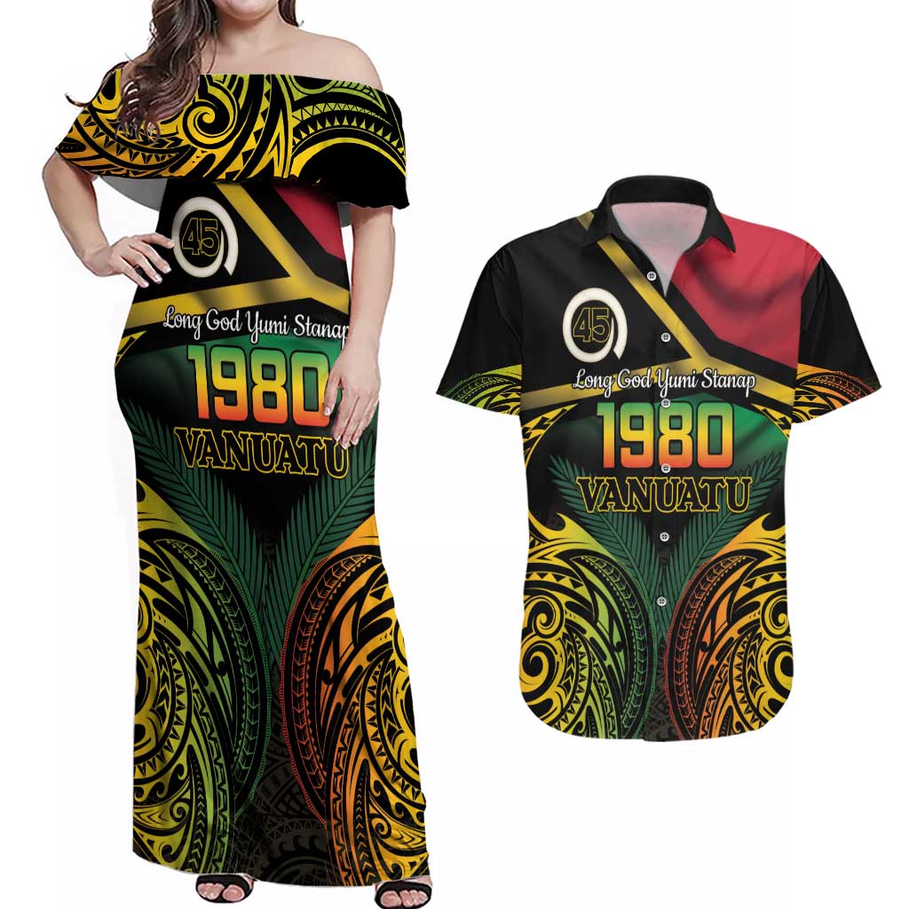 Vanuatu 1980 Couples Matching Off Shoulder Maxi Dress and Hawaiian Shirt Hapi 45 Yia Indipendens Anivesari